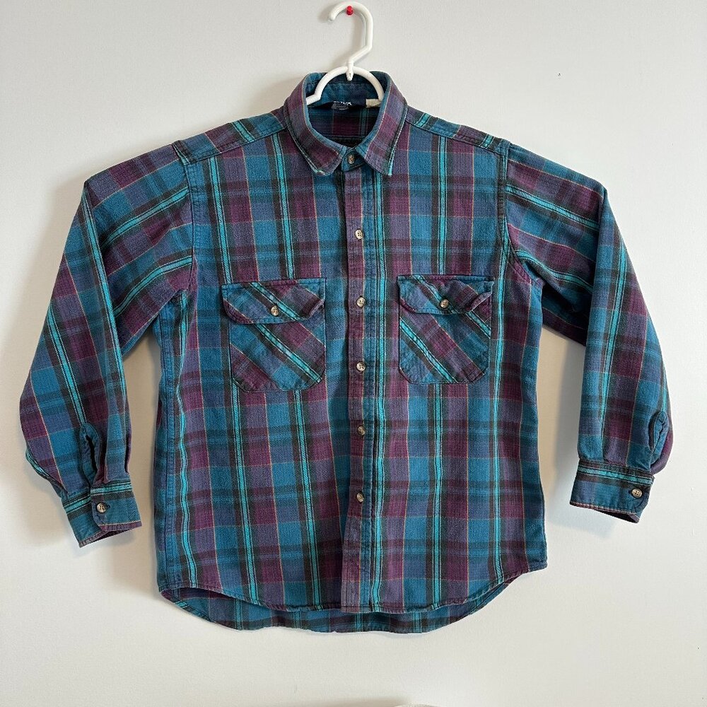 Woolrich Casual Button Down Mens Large Blue Purple Plaid Rugged Flannel Shacket